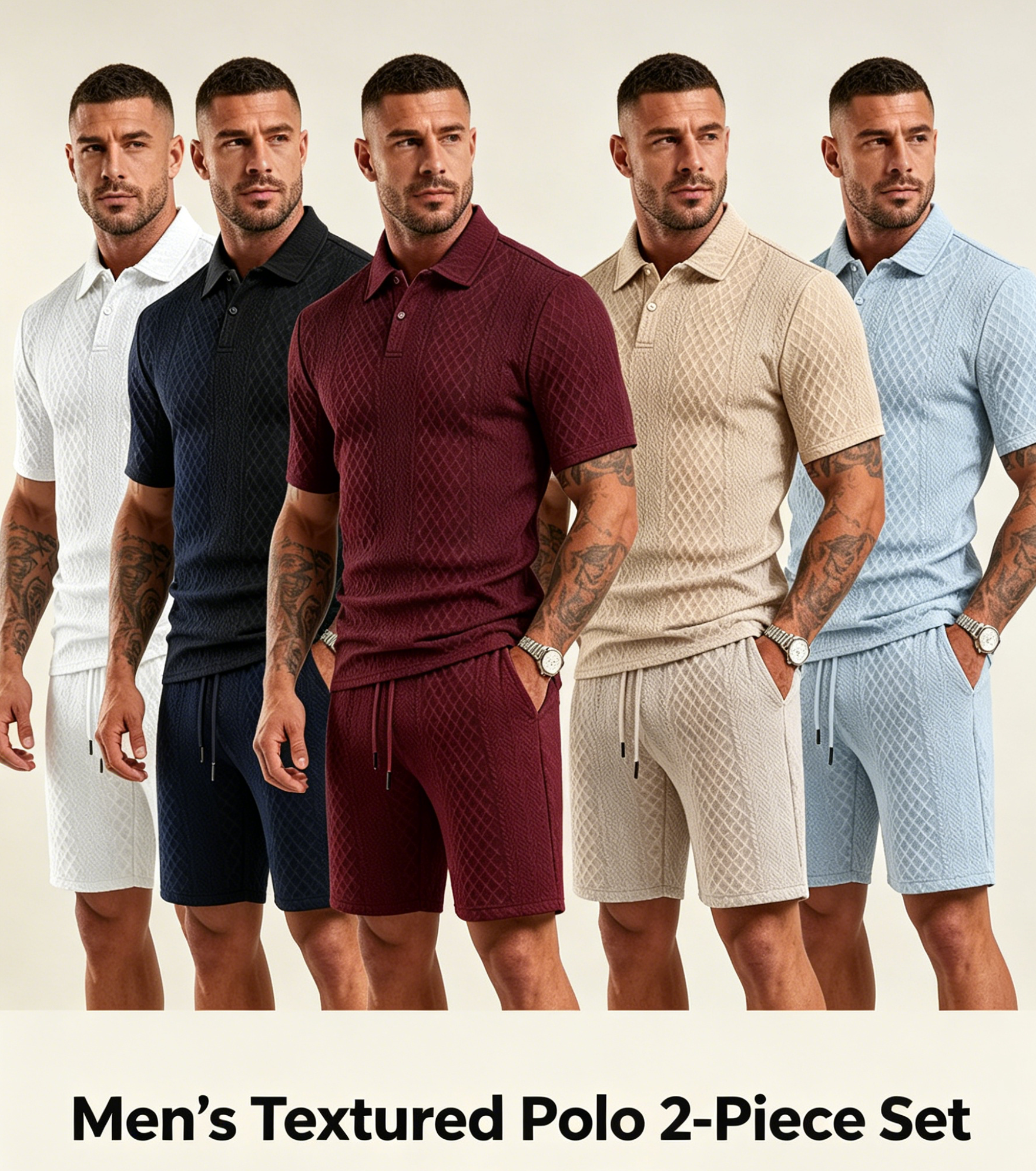 Men's textured polo 2-piece set on multiple models, button polo tops with matching shorts