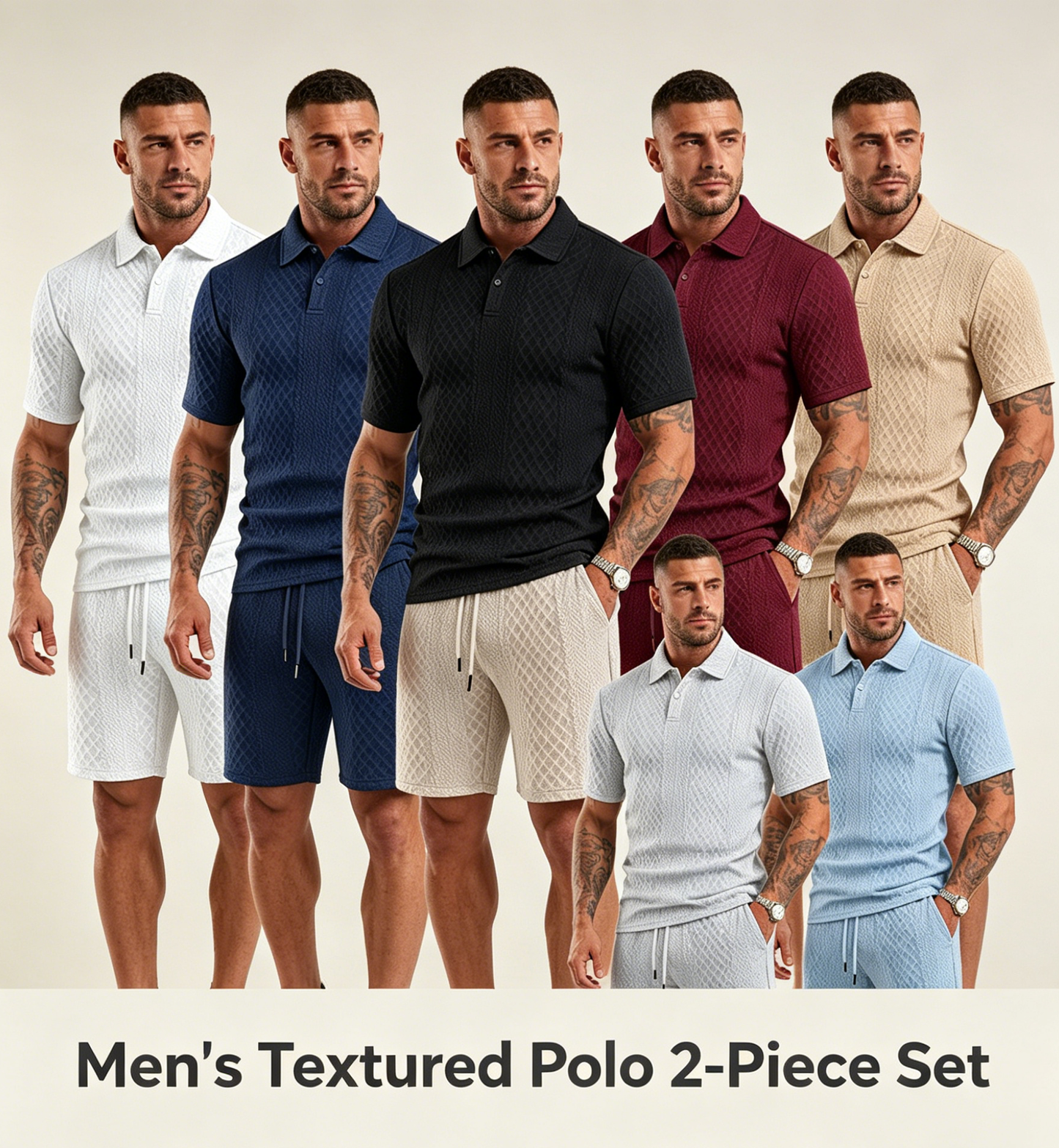 Men's textured polo 2-piece set in assorted colors, button polo tops with matching shorts