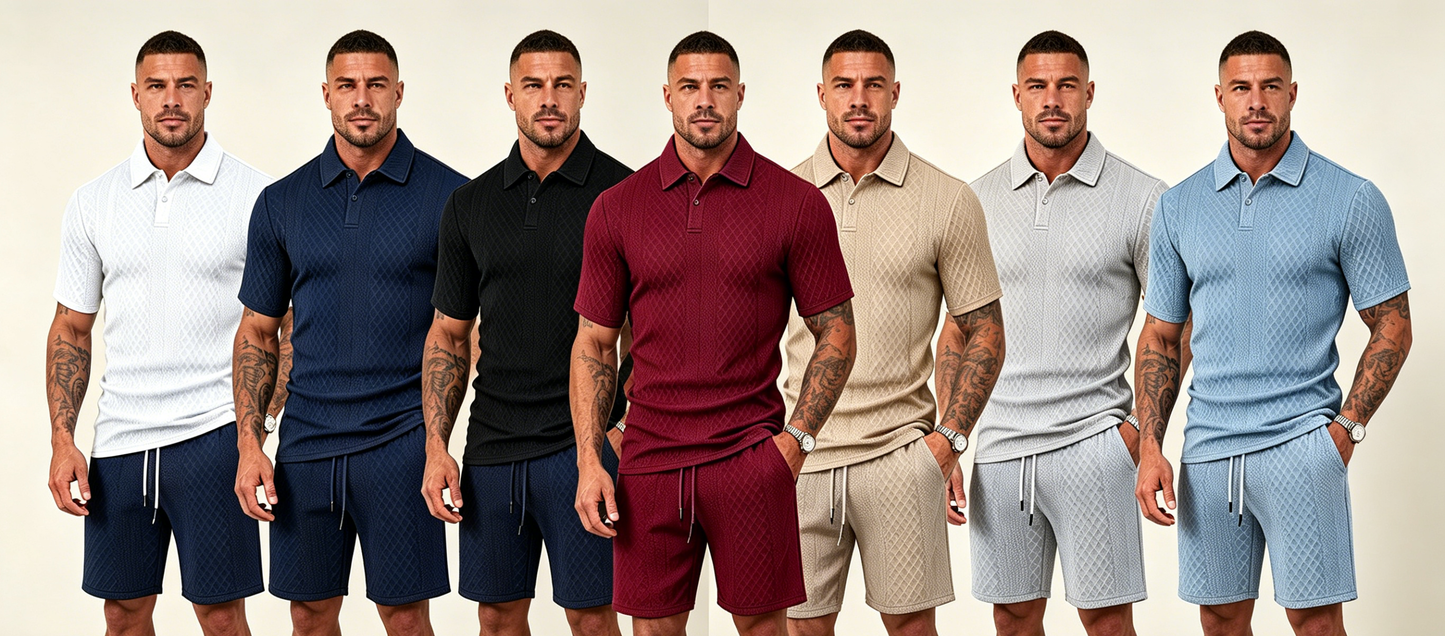 Men's textured polo 2-piece set, front-facing models in mixed colors with drawstring shorts