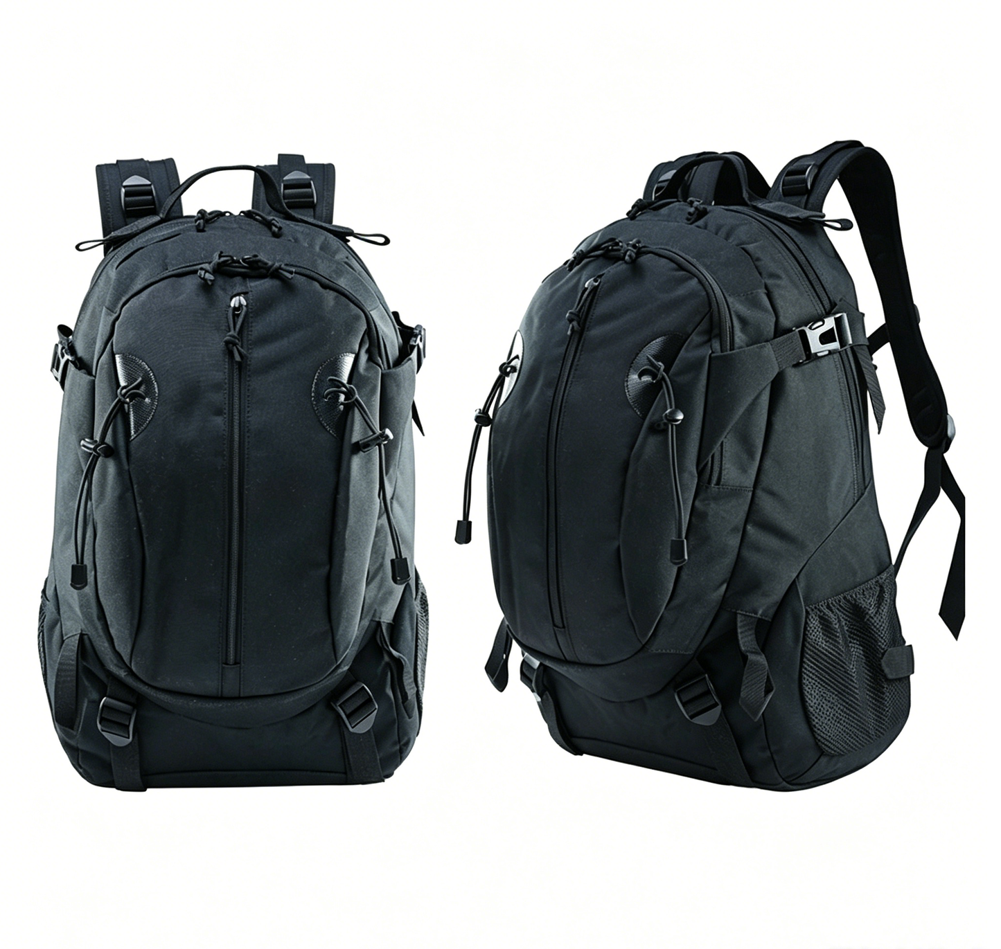 Black tactical backpack with center zip, front webbing straps, mesh side pocket, harness