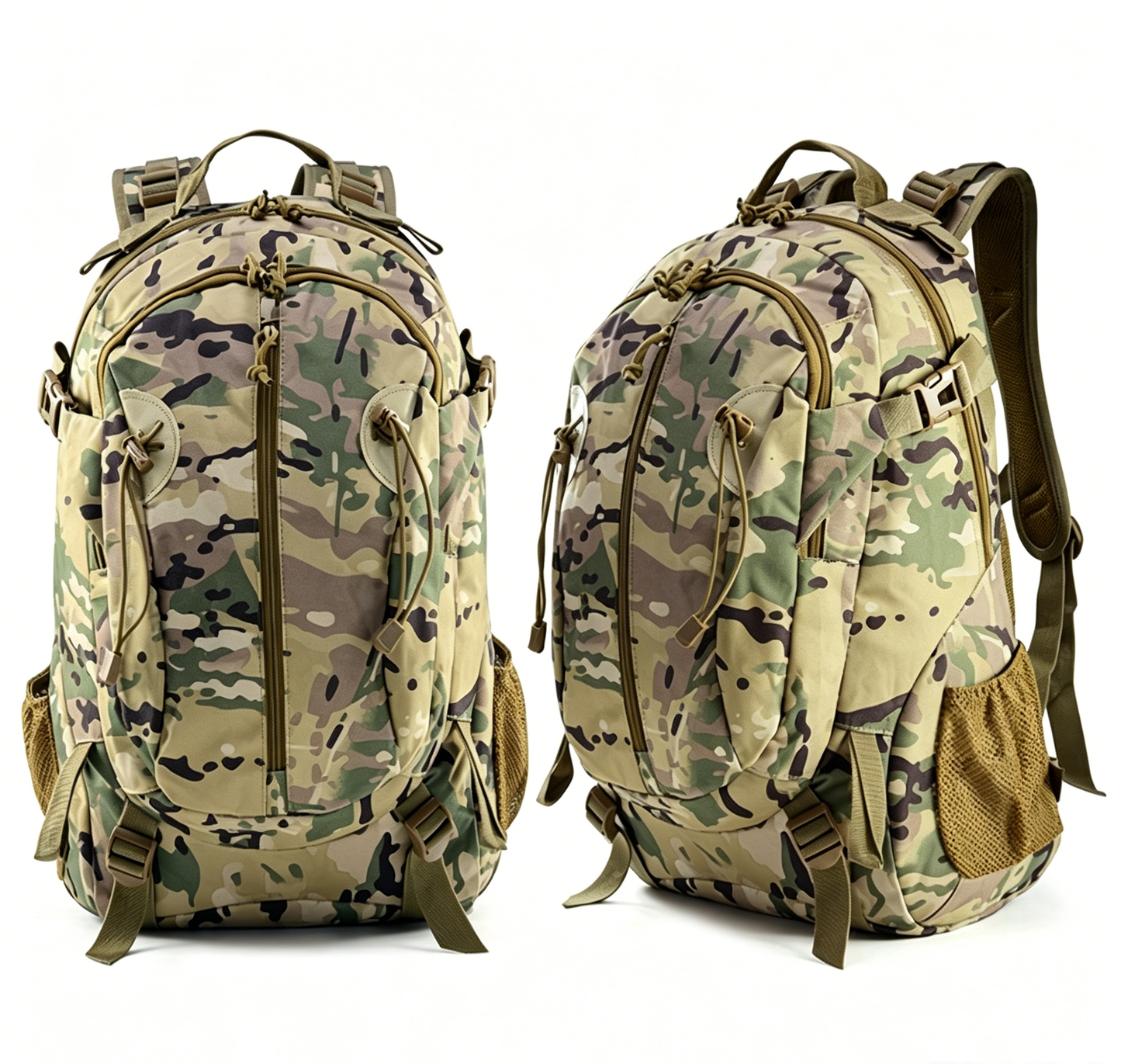 Camouflage tactical backpack with front zip, side carry handle, and shoulder straps