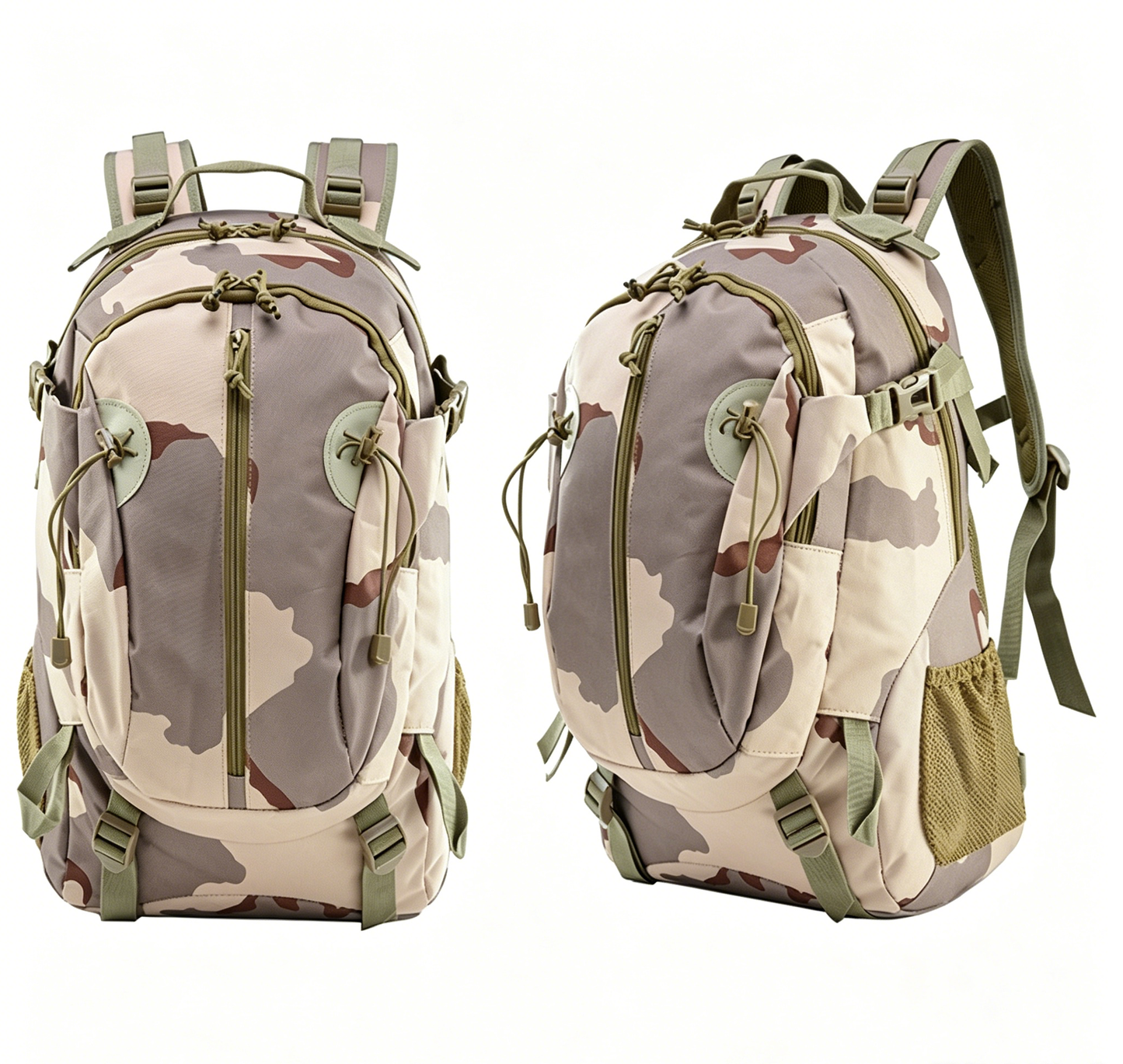 Tan camouflage tactical backpack with zip front, side pockets, padded shoulder straps