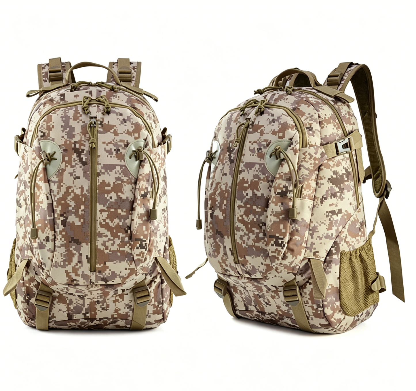 Desert camouflage tactical backpack with zip front panel, side pockets, padded straps