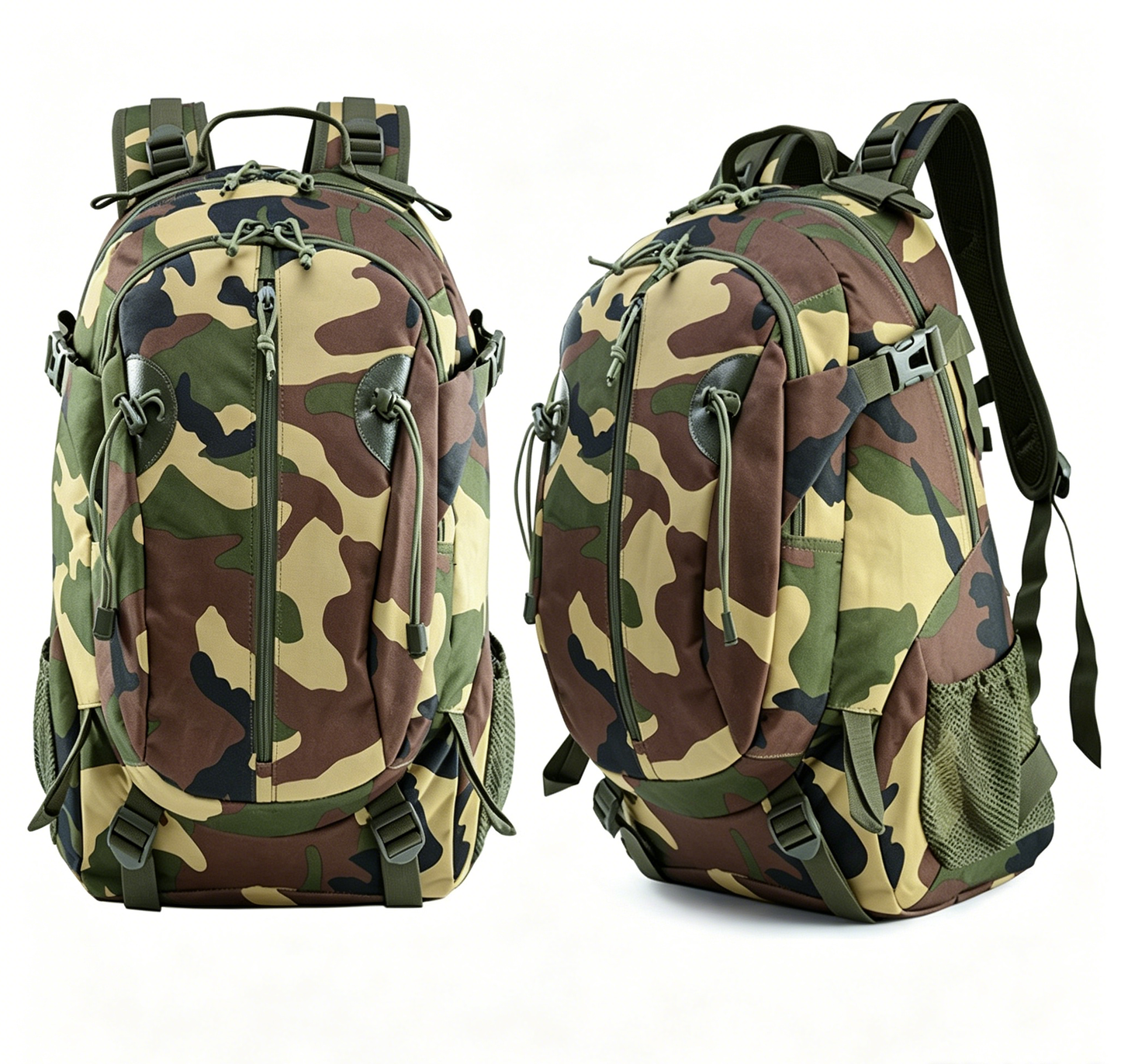 Woodland camouflage tactical backpack with zip front, side pockets, padded shoulder harness