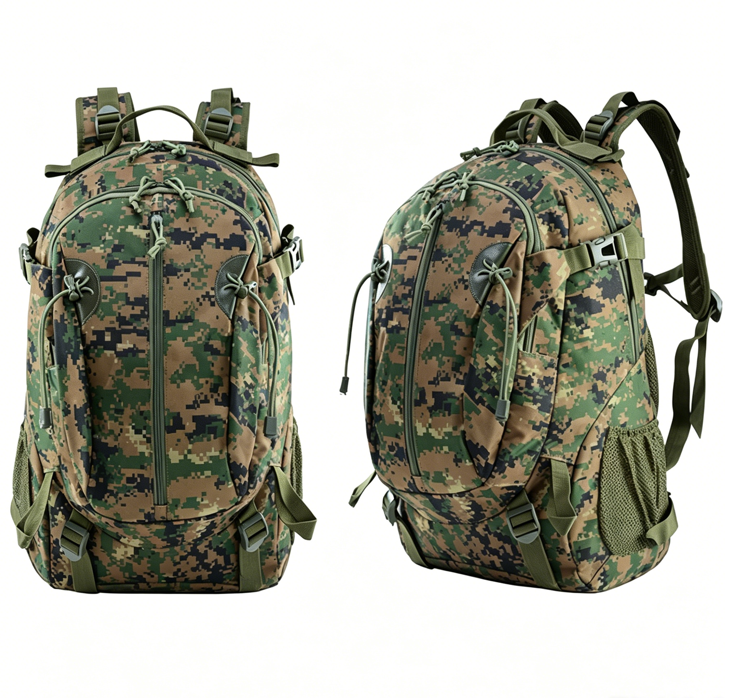 Green digital camouflage tactical backpack with zip front, side webbing, padded shoulder straps