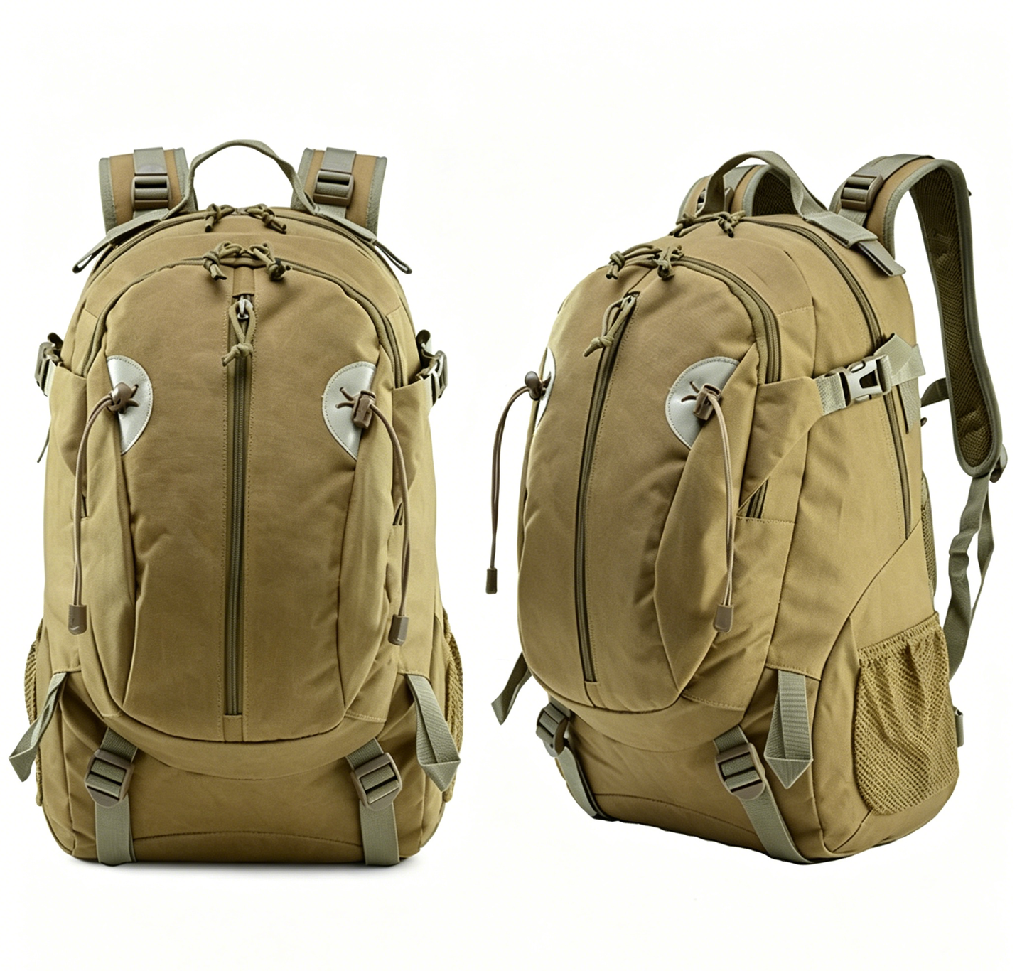 Khaki tactical backpack with zip front, side pockets, padded shoulder straps