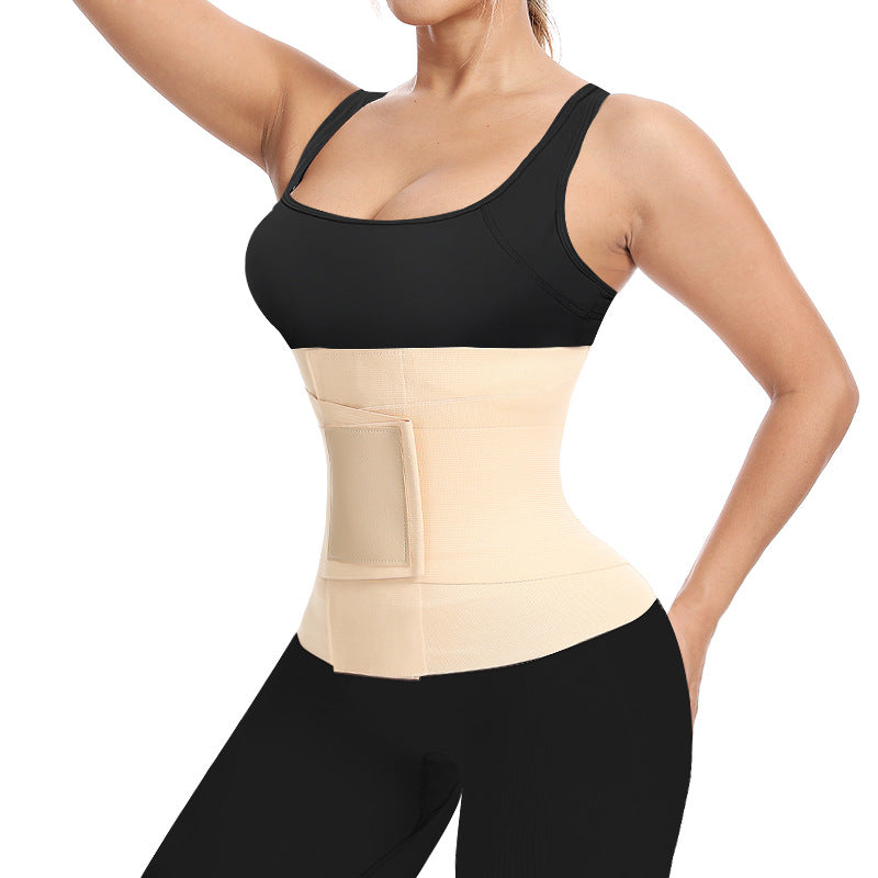 Beige triple-wrap waist trainer with front support panel and adjustable back strap