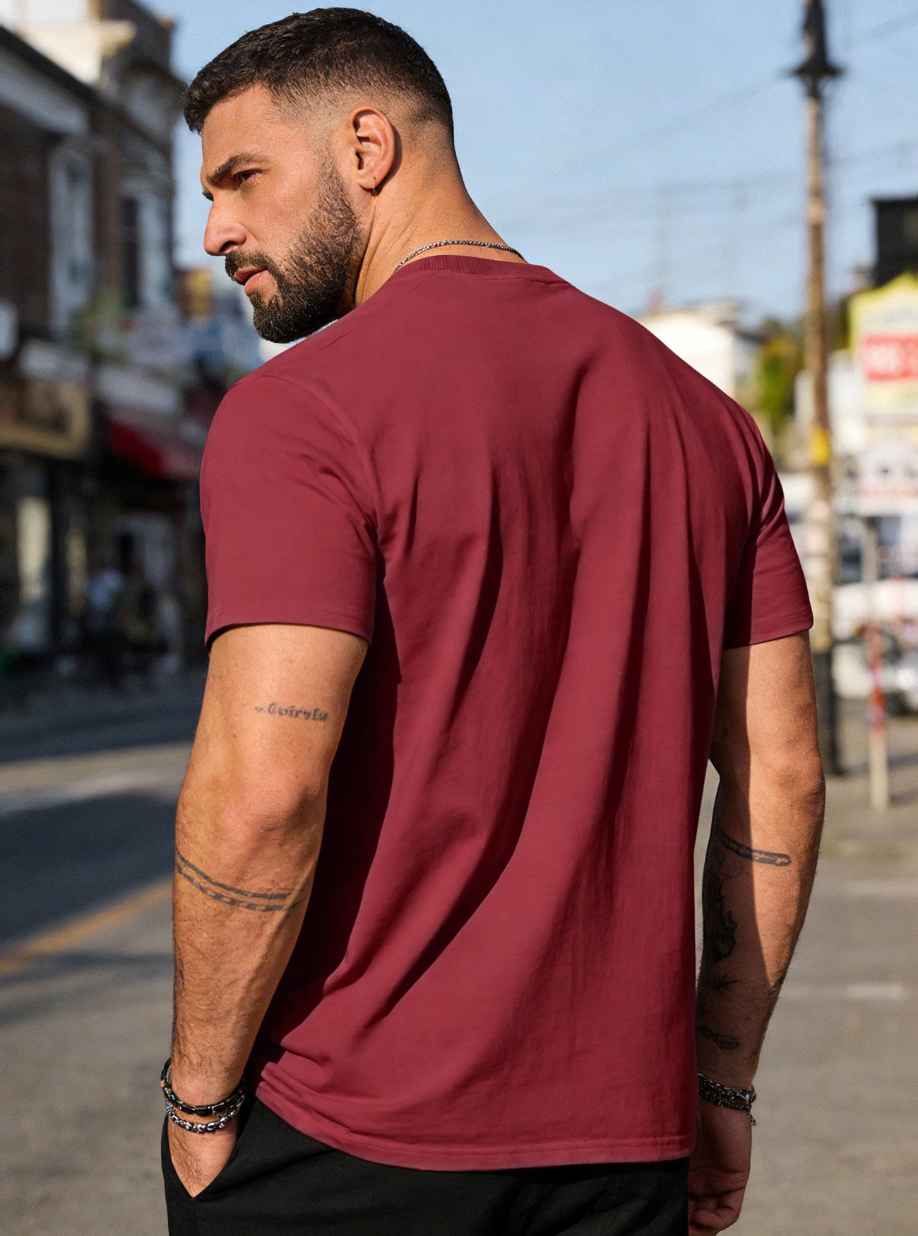 Men's solid crew neck basic tee, red, short sleeves