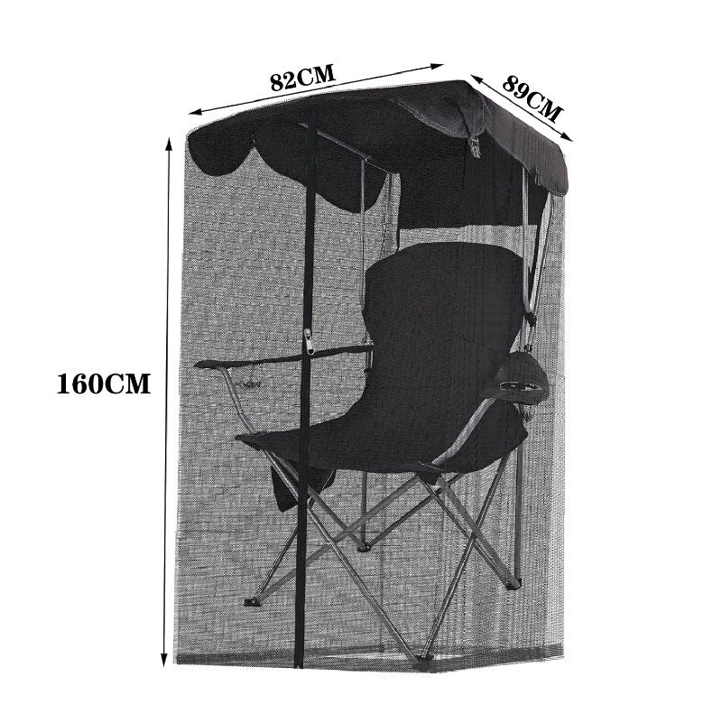 Black pop-up mosquito net tent chair with mesh enclosure and fabric canopy, side view