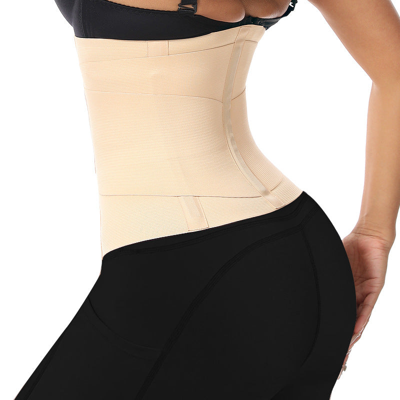 Beige waist trainer with smooth front panel and curved shaping
