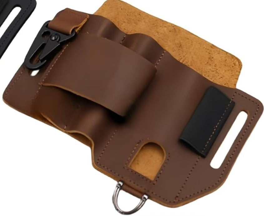 Brown leather tactical waist pouch with flap pockets, tool holder and metal D-ring