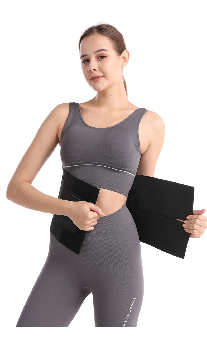 Black triple-wrap waist trainer with front band and wide adjustable side straps