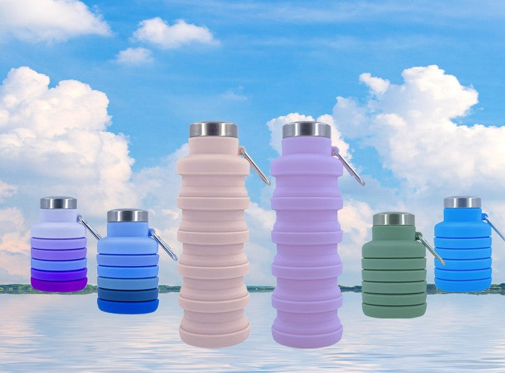 Collapsible silicone water bottles, assorted colors, metal lids and pull loop handles