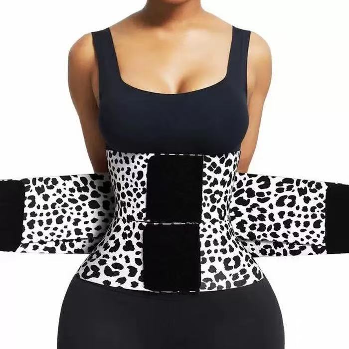 Waist trainer belt with black center panel and leopard print side panels