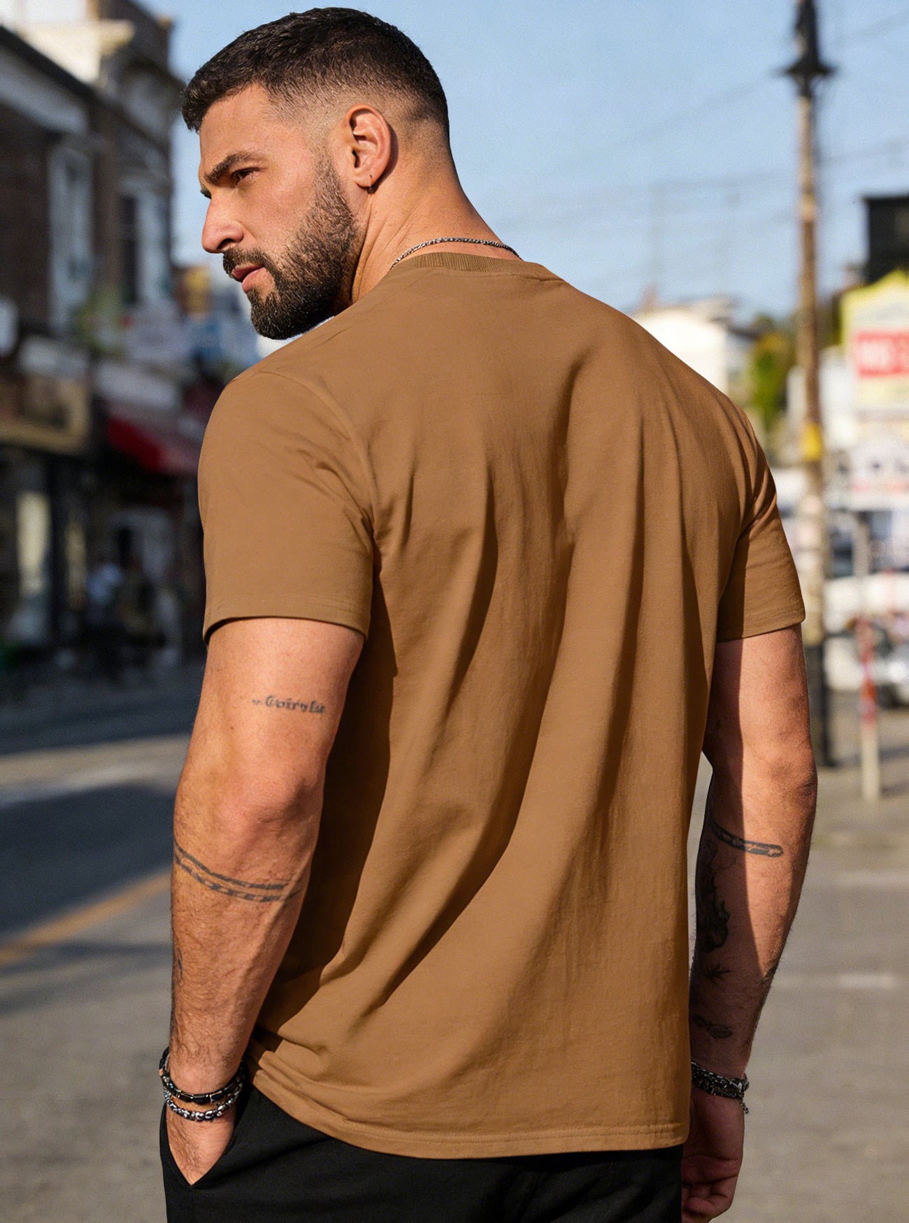 Men's solid crew neck basic tee, brown, short sleeves