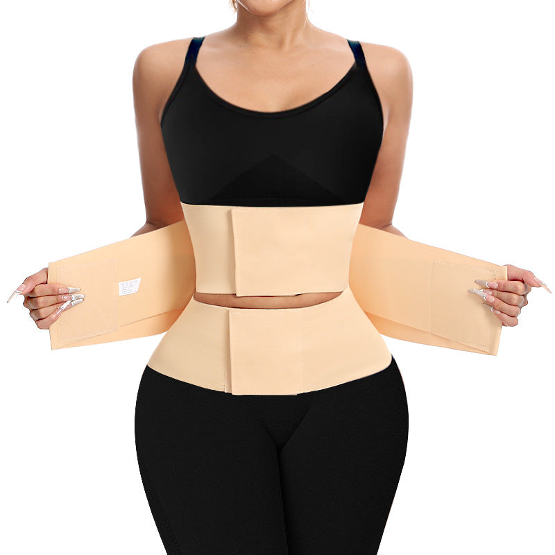 Beige waist trainer belt with wide wrap panels and hook-and-loop closure