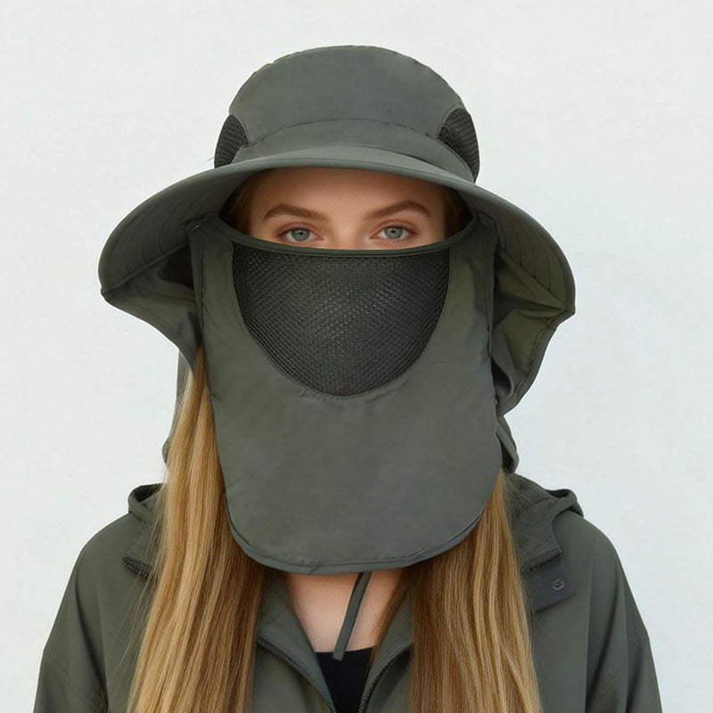 Green wide-brim sun hat with mesh face and neck flap