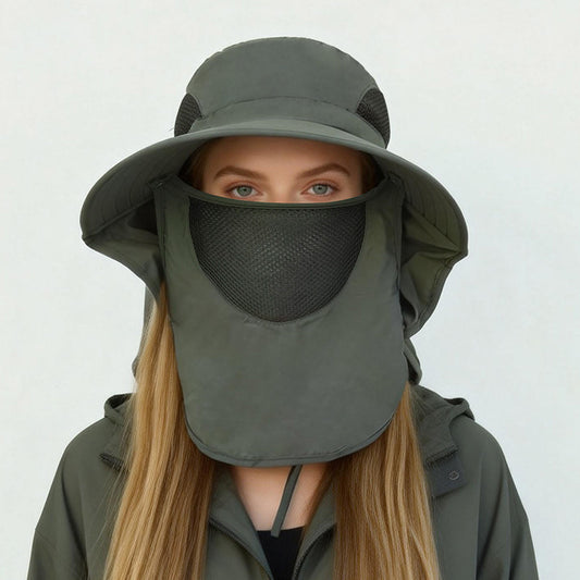 Green wide-brim sun hat with mesh face and neck flap