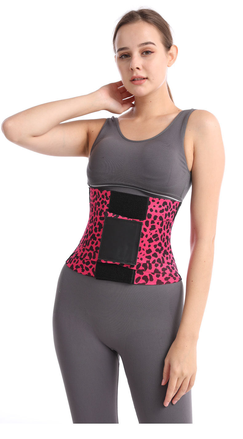 Pink leopard triple-wrap waist trainer with black support panel and adjustable straps