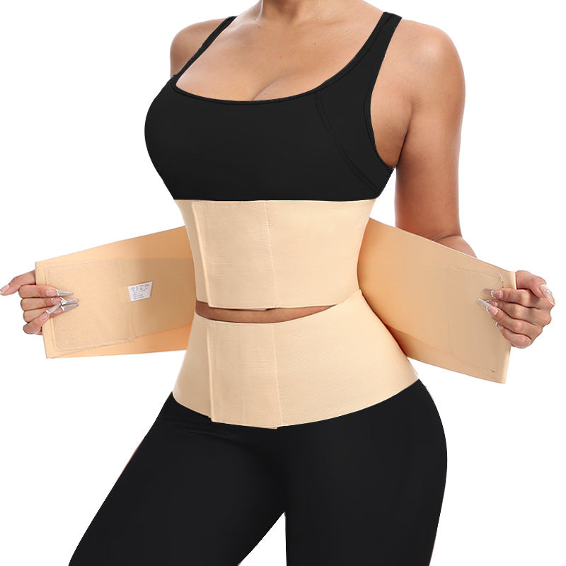 Beige waist trainer with wrap bands and black waistband panel