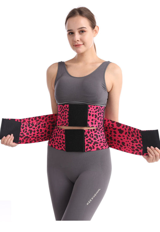 Leopard print triple-wrap waist trainer with black hook-and-loop closure panels