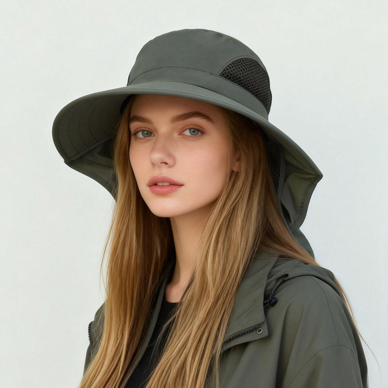 Green wide-brim outdoor hat with breathable mesh panel