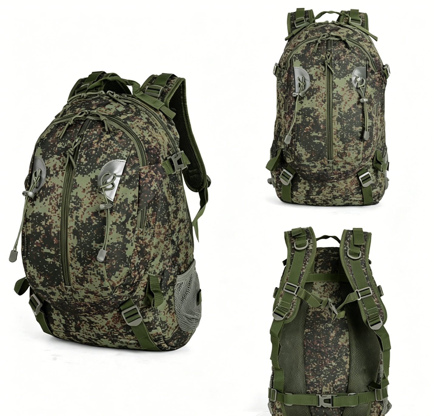 Dark camo tactical backpack with zip front, side webbing straps, padded shoulder harness