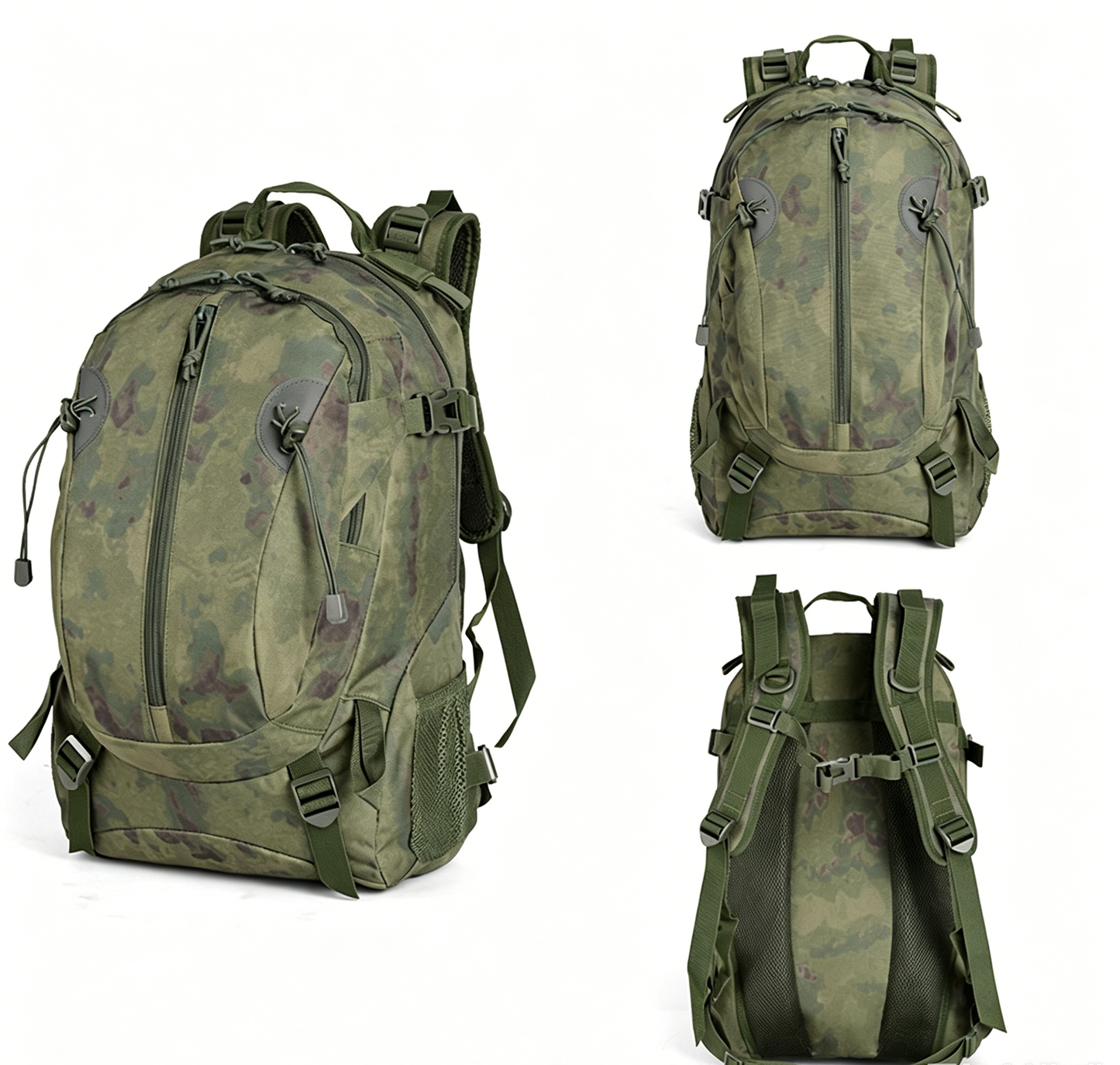 Camouflage tactical backpack with front zip pocket and adjustable shoulder straps