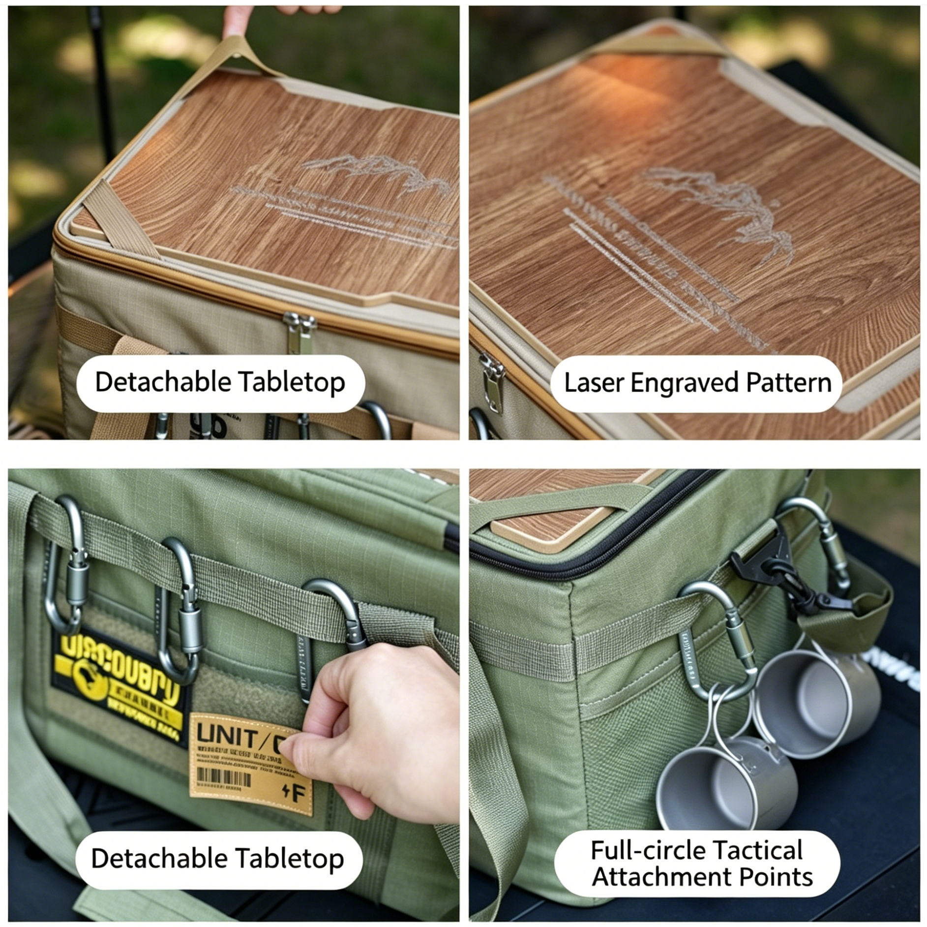 Green tactical storage bag with detachable tabletop and full-circle attachment points