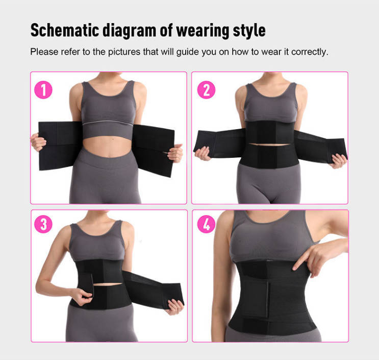 Black waist trainer belt showing wrap-around fit with hook-and-loop fastening