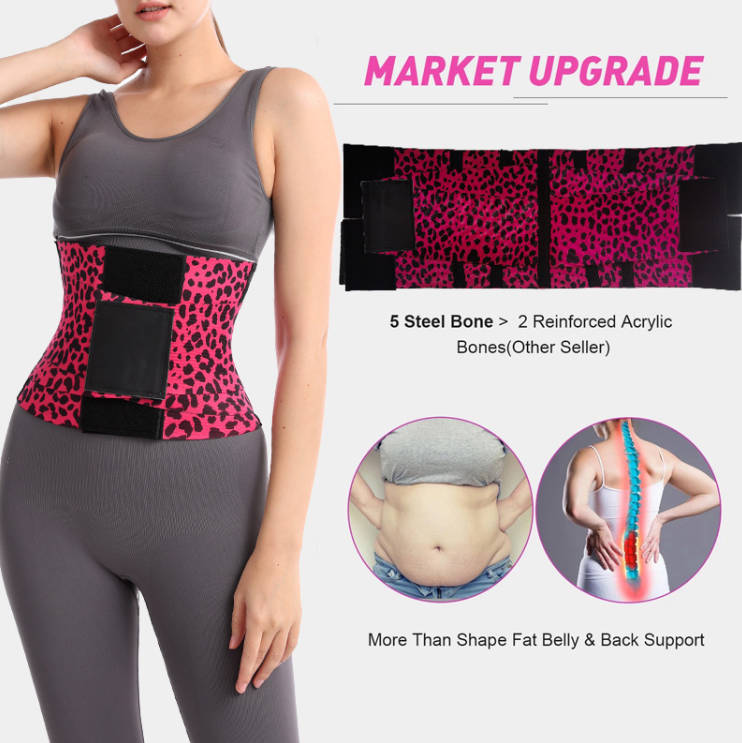 Leopard print hourglass waist trainer with black support panels and wide adjustable wraps