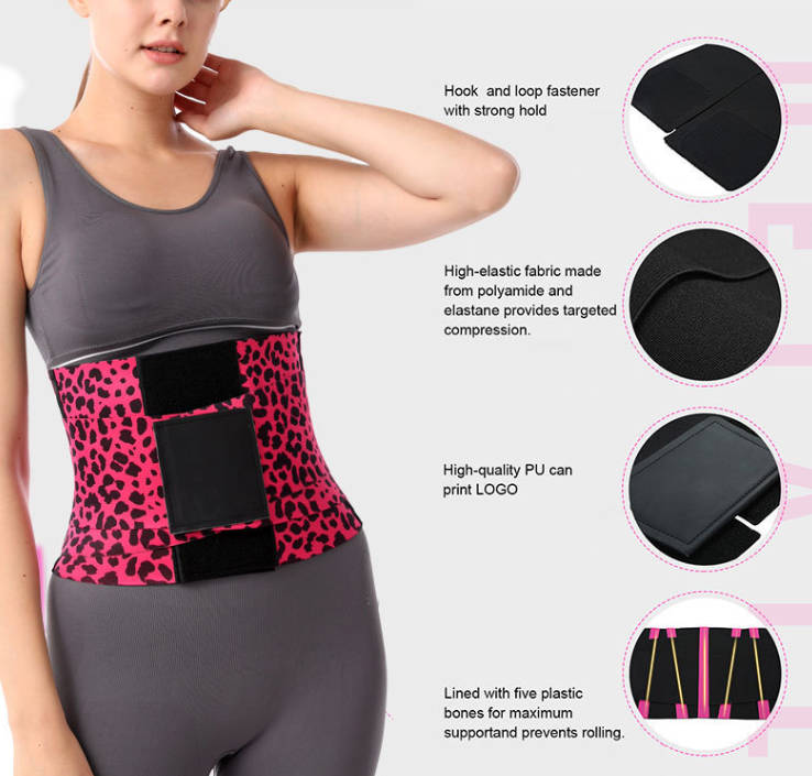 Red leopard waist trainer with hook-and-loop closure and black side panels
