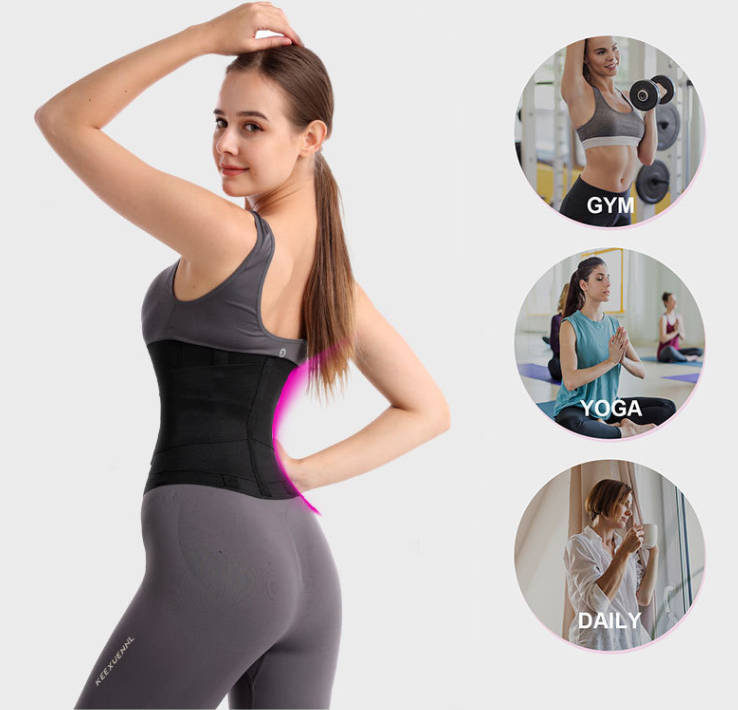 Gray waist trainer belt with black center panel for shaping and support