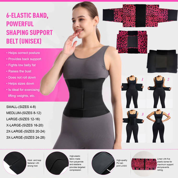 Unisex waist trainer belt with pink leopard outer panels and black shaping panels