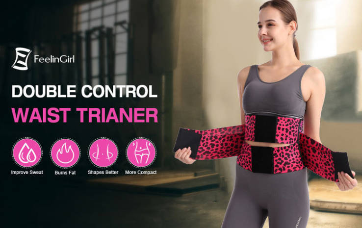 Waist trainer belt with pink leopard outer wrap and black center compression panel