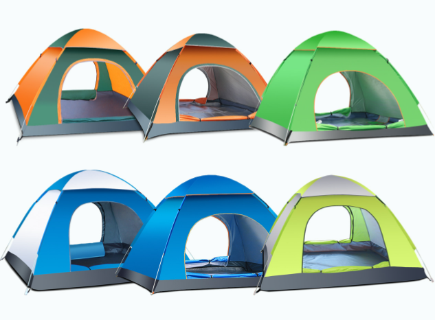 Pop-up instant camping tent in multiple colors, several tents side by side