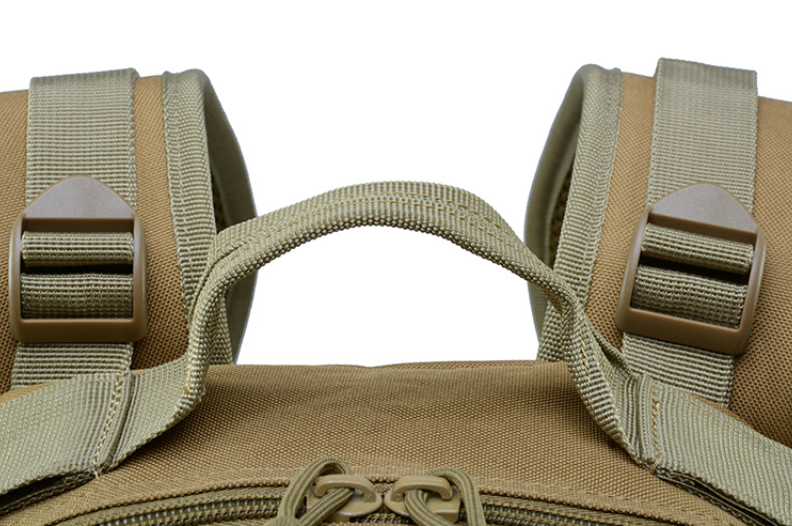 Tan tactical backpack with padded shoulder straps and top carry handle