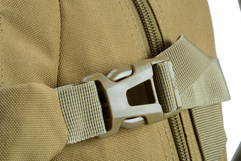 Tan backpack side strap buckle with plastic clip and reinforced webbing
