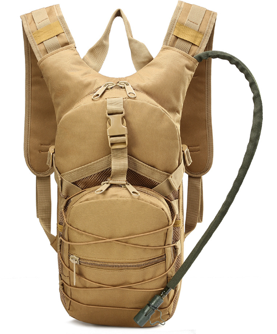 Khaki tactical hydration backpack with front zip pocket and adjustable chest strap