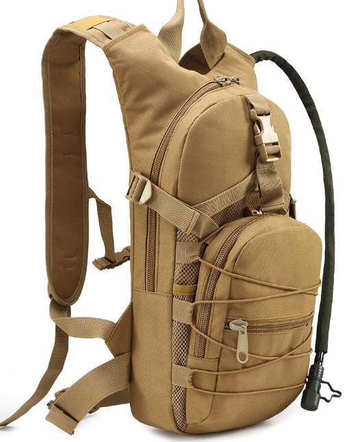 Tan tactical hydration backpack with front zip pockets and shoulder straps