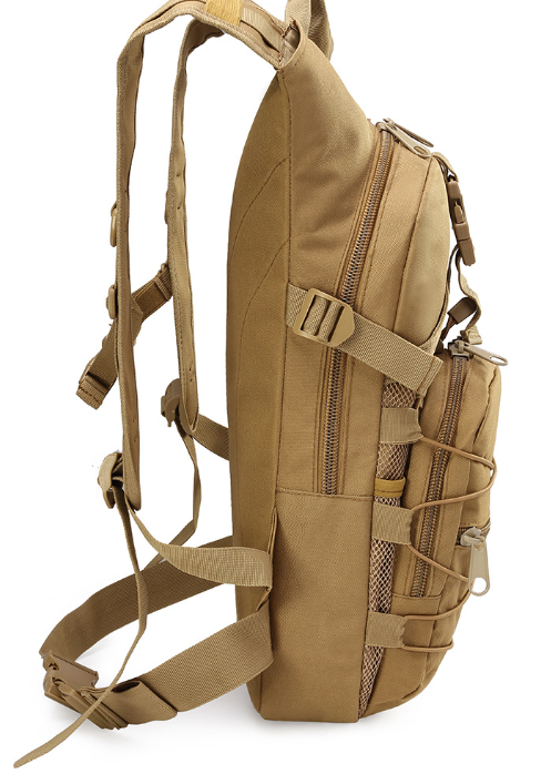 Tan tactical hydration backpack side view with padded straps and front organizer