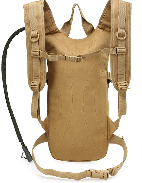 Tan tactical hydration backpack back panel with adjustable shoulder and chest straps