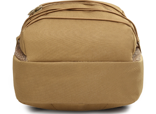 Tan tactical hydration backpack top pocket with stitched curved zipper