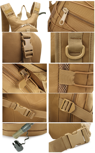 Tan hydration backpack close-ups of zippers, buckles, and hydration tube clip