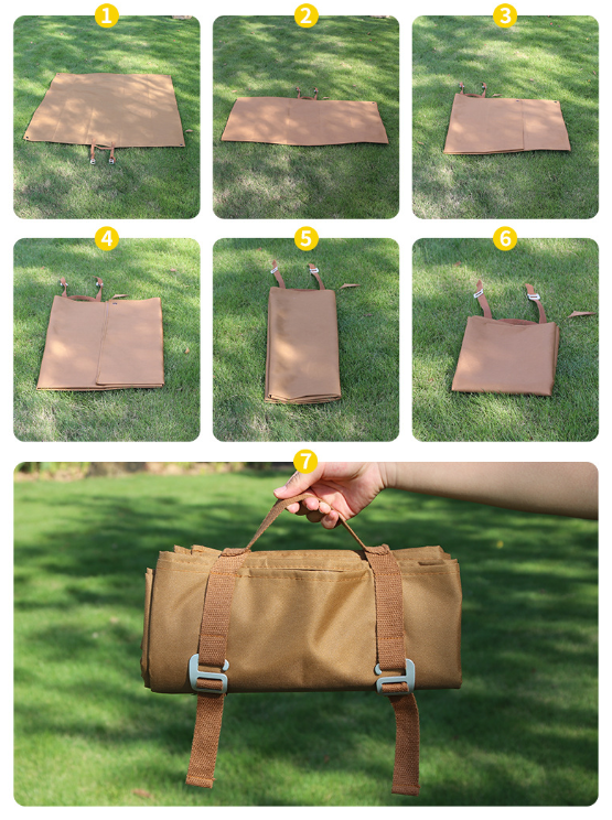 Tan waterproof picnic mat shown in multiple folded and laid-out steps.