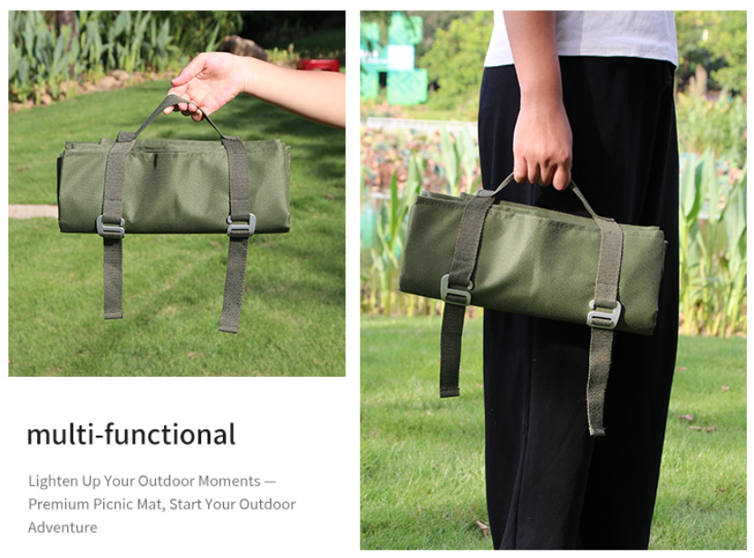 Olive waterproof picnic and camping mat carry bag with adjustable shoulder straps.
