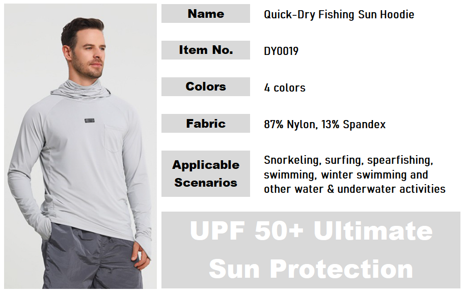 Quick-dry fishing sun hoodie in light gray with front pocket and cowl-style neckline