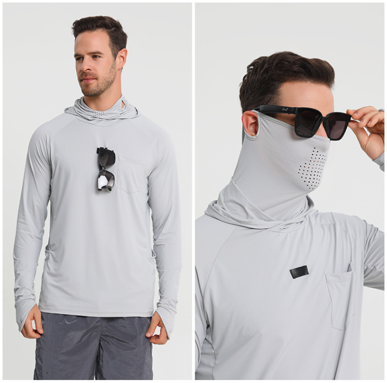 Quick-dry fishing sun hoodie in light gray with mesh face panel and chest pocket