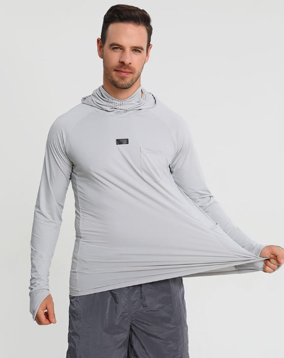 Quick-dry fishing sun hoodie in light gray with chest pocket and small logo patch
