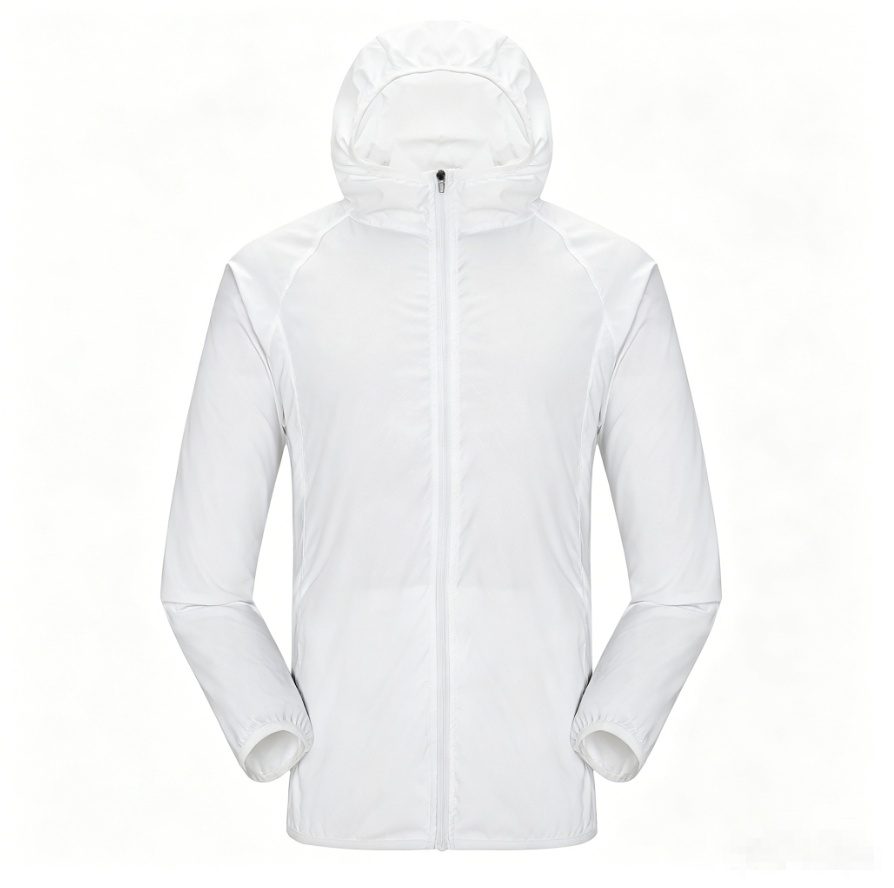 Hooded sun protection jacket in white with zip front and attached hood